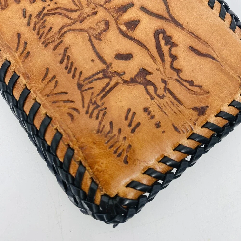 Handmade Vintage Tooled Leather Moose Wallet Mountains & Trees Forrest Brown